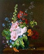 Jan van Huysum Hollyhocks and other Flowers in a Vase oil painting artist